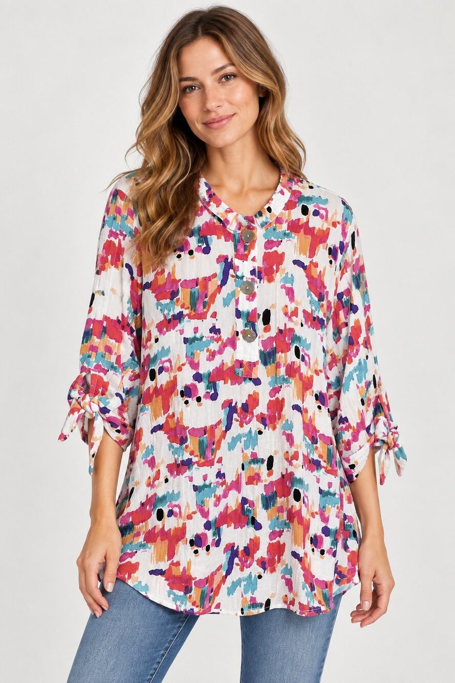 John Mark 2X Abstract Watercolor Tunic Top Multicolor Roll Tab Artsy Boho